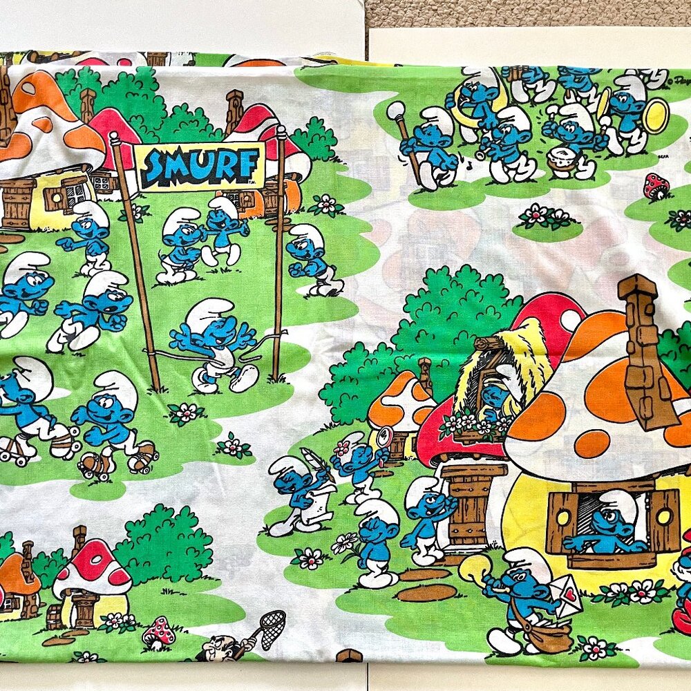 Vintage 1980s Smurf Sheet Set w Fitted Bottom + Flat Top + Pillowcase Peyo Retro - Picture 8 of 14